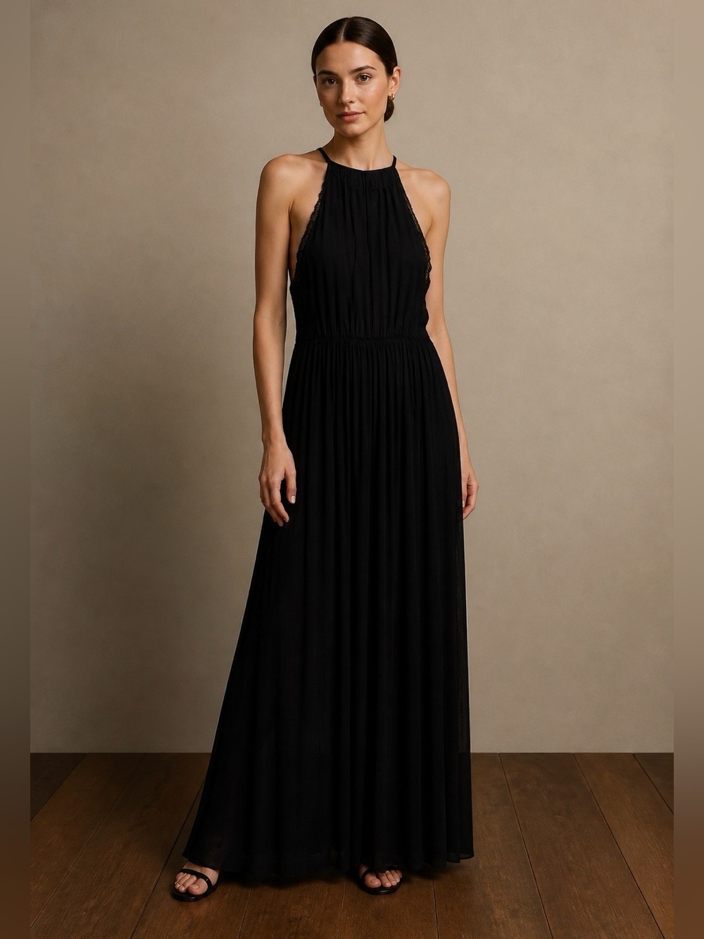 ZARA High Neck Sleeveless Black Maxi Lace Dress Size Medium
